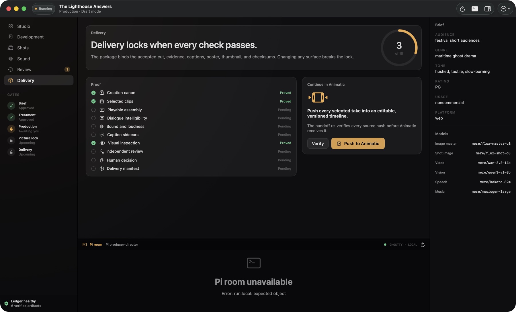 Delivery screen with proof stack and Animatic handoff